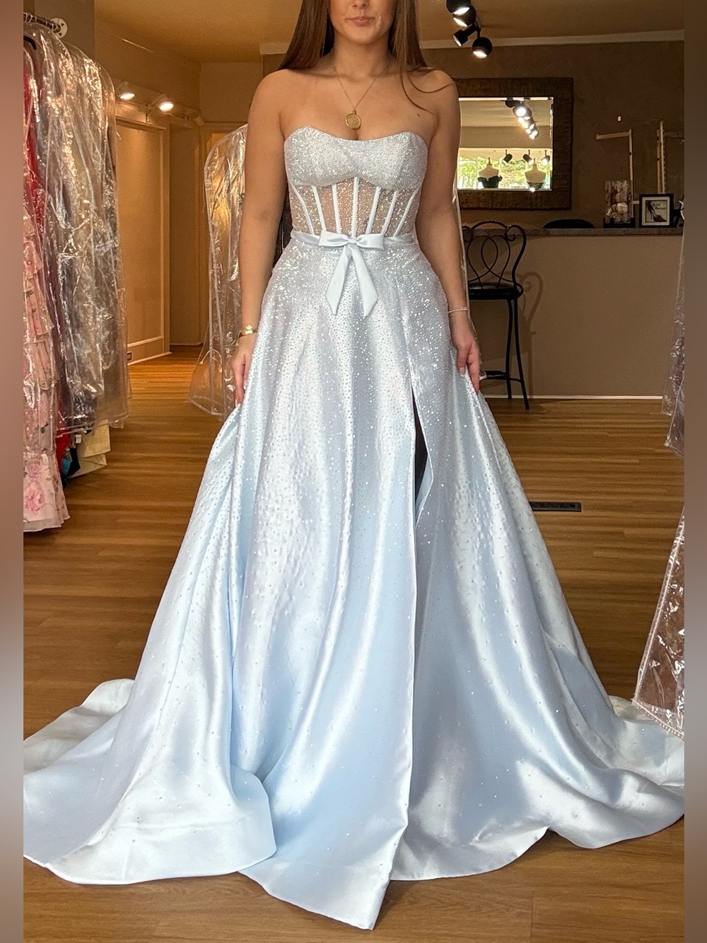 Sherri Hill- Strapless Light Blue Sparkle Ball Gown